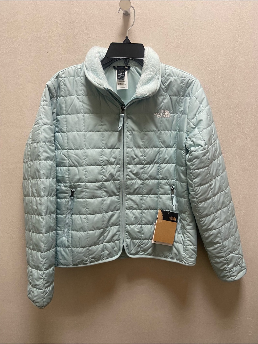 The North Face Light Mint Quilted Puffer Jacket with Sherpa Collar Sz.S New
